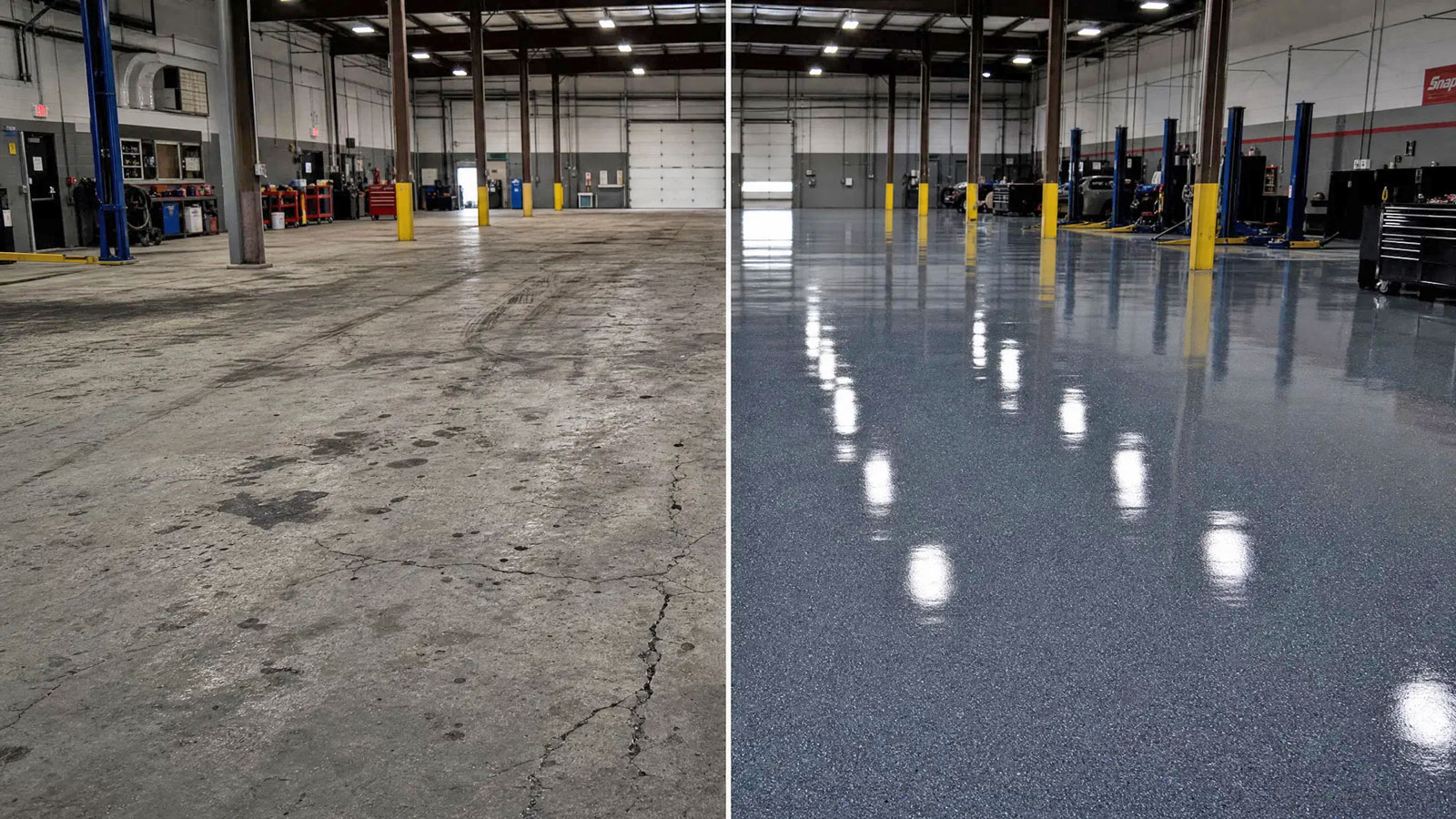 Commercial floor coating before and after — auto shop in Little Rock AR